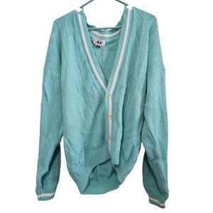 Jed Vintage Turquoise Blue Varsity Stripe Pointelle Knit Cardigan Sweater Mens M
